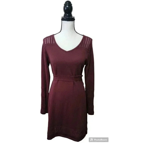 Prana Dresses & Skirts - pRana Ella Sweater Dress V Neck Long Sleeve Tie Back Eggplant Purple Size Medium